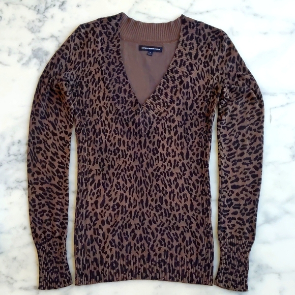 Express Rayon Blended Stretch V-Neck Side Knit Stripes Animal Print Sweater. - Picture 3 of 4